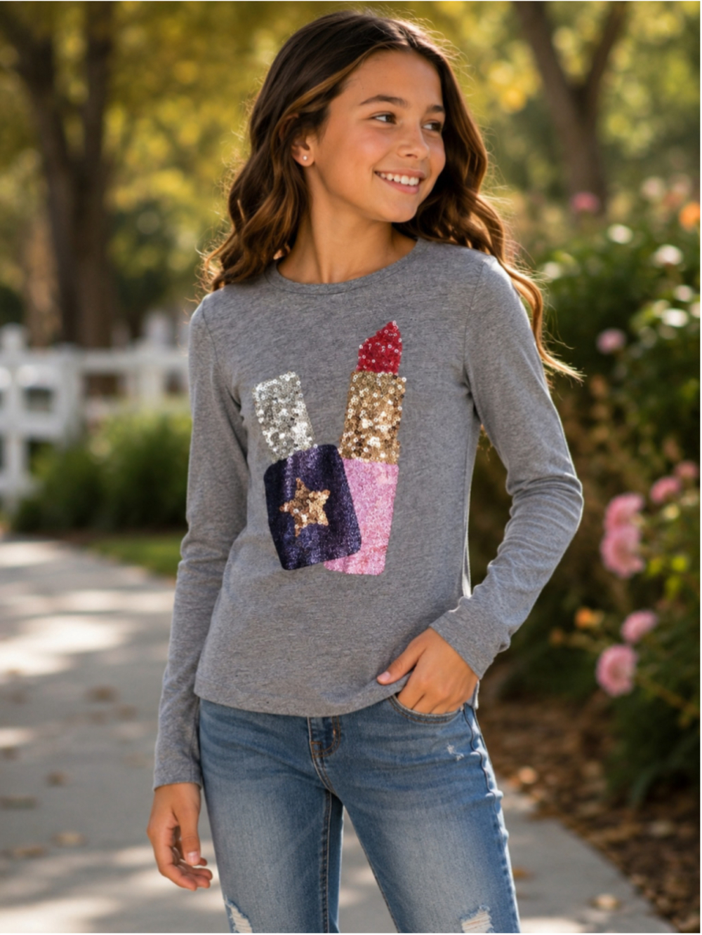 RUUM Girls Gray Sequin Lipstick Long Sleeve Graphic Tee Size Large 12 NWT Kids